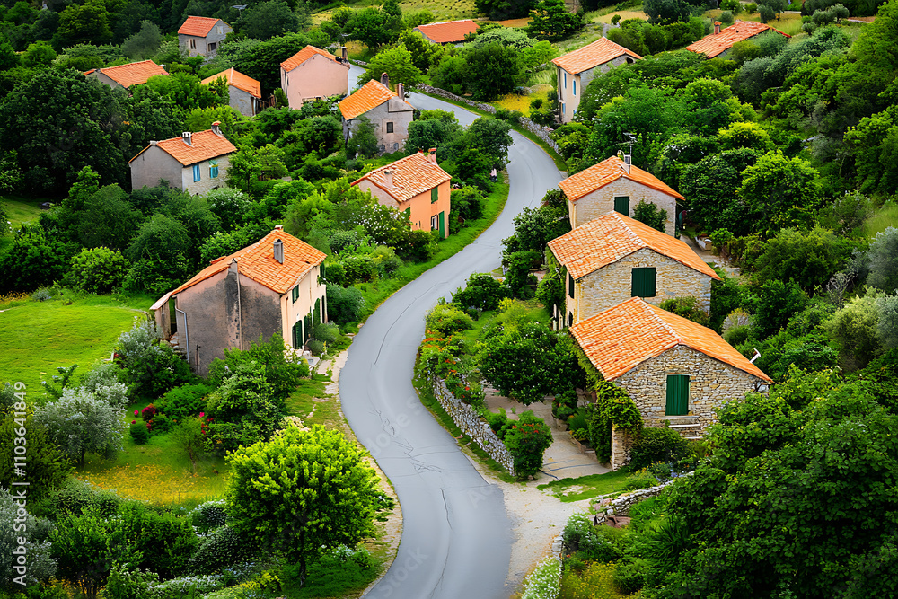 Charming Village Houses with Winding Road - Aerial View