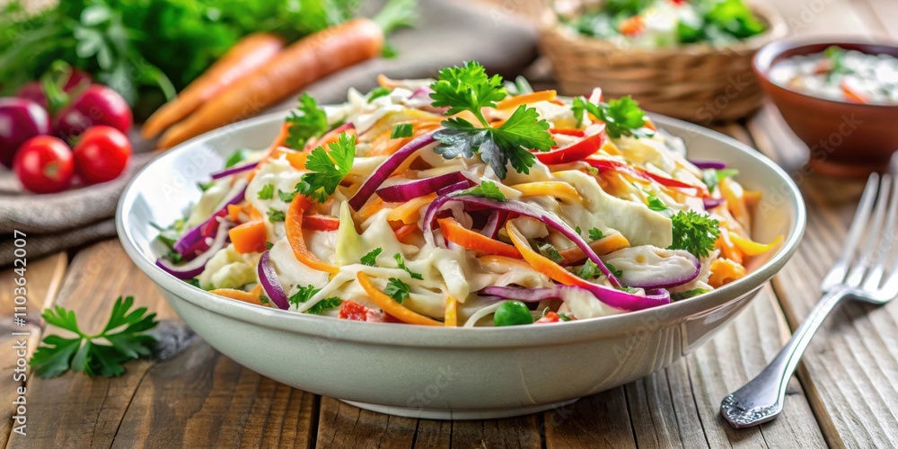 Freshly made coleslaw salad with colorful vegetables and creamy dressing, coleslaw, salad, vegetables, cabbage, carrots Freshly made coleslaw salad with colorful vegetables and creamy dressing, coleslaw, salad, vegetables, cabbage, carrots