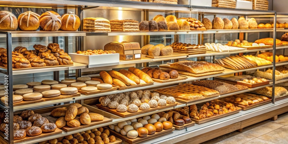 A bakery display filled with various fresh baked goods, bakery, bread, pastries, muffins, cakes, cookies, croissants A bakery display filled with various fresh baked goods, bakery, bread, pastries, muffins, cakes, cookies, croissants