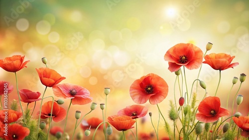 Horizontal summer background featuring vibrant red poppies against soft pastel shades, perfect for seasonal themes, invitations, or decorative purposes with ample copy space.