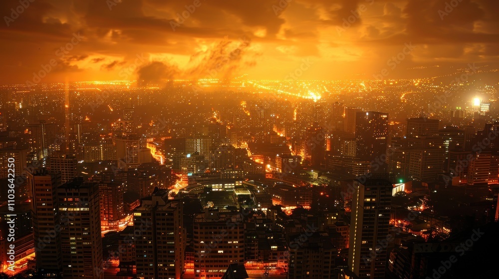 A dramatic cityscape at dusk, illuminated by orange hues and city lights. A dramatic cityscape at dusk, illuminated by orange hues and city lights.
