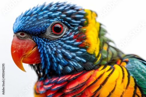 Close-up of a colorful parrot's head with a blue, red, and yellow plumage. AI generative. . photo