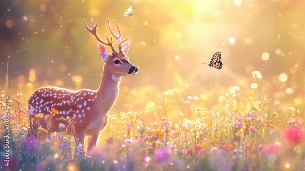 Elegant deer stands gracefully in a colorful meadow illuminated by soft sunlight, with delicate butterflies fluttering nearby. Elegant deer stands gracefully in a colorful meadow illuminated by soft sunlight, with delicate butterflies fluttering nearby.