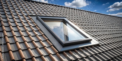 Open roof window with Velux style and black roof tiles , Velux, window, roof, open, skylight, black, tiles, sunlight