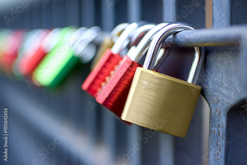 Colorful padlocks attached to metallic frame with focus on gold lock
