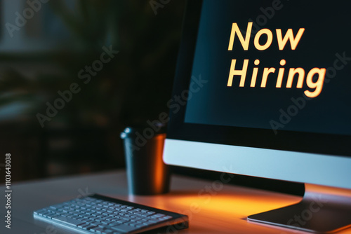Now hiring sign on glowing computer screen with coffee cup nearby, creating warm and inviting atmosphere for job seekers