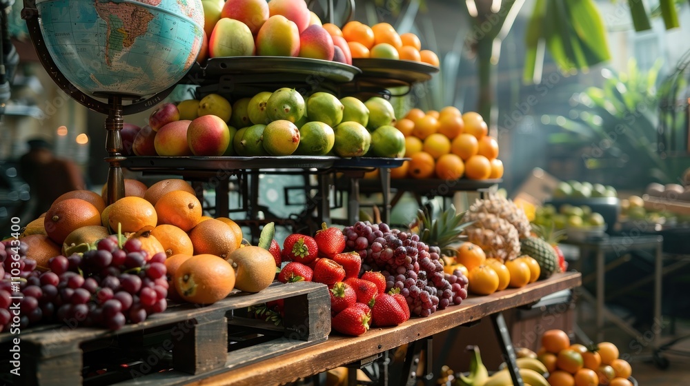 A vibrant display of fresh fruits arranged on wooden shelves in a market setting. A vibrant display of fresh fruits arranged on wooden shelves in a market setting.