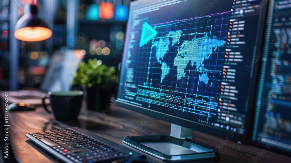 A computer displaying a world map with data analytics in a modern workspace. A computer displaying a world map with data analytics in a modern workspace.