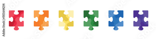 Set of colorful jigsaw puzzle pieces in red, orange, yellow, green, blue and purple color isolated on white. Hand drawn vector illustration in flat style. Team building, business icon, sticker