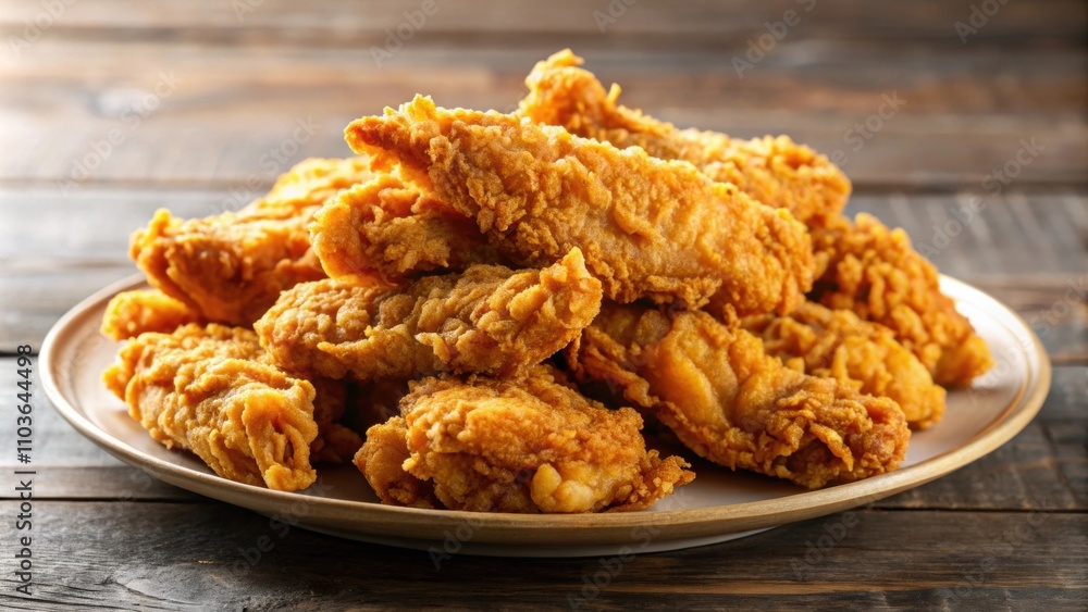 Close-up image of golden, crispy chicken tenders on a plate , delicious, snack, meal, fried, tenders, plate, food, crispy, golden Close-up image of golden, crispy chicken tenders on a plate , delicious, snack, meal, fried, tenders, plate, food, crispy, golden