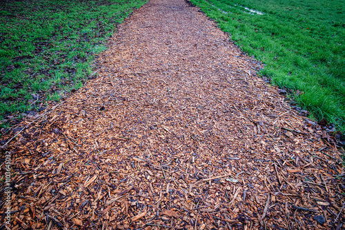 A footpath formed entirely of wet wood chips stretches across the grass, with the rich textures of the chips creating an aesthetically pleasing natural pathway 2
