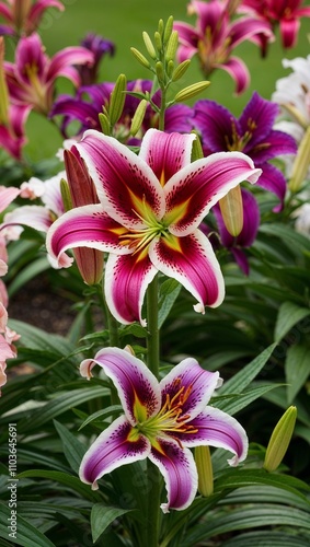 Lily Herbaceous perennial with large trumpet shaped flowers that bloom in a variety of colors photo