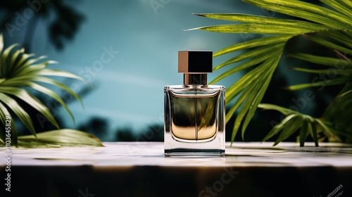 Perfume Bottle on a Marble Surface with Tropical Foliage photo