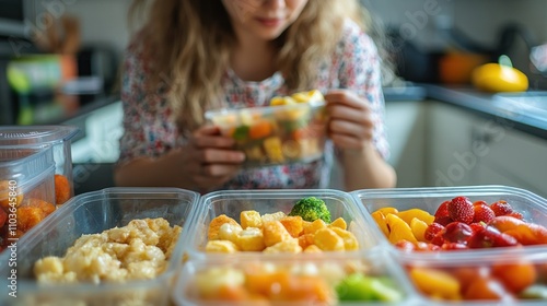 A woman prepares a meal by organizing pre-cut vegetables in plastic containers on a kitchen counter.