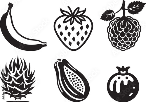 fruit icons silhouette, minimalist food illustrations,