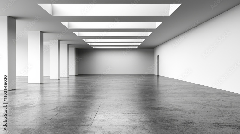 Spacious modern interior with large skylights, showcasing minimalist design elements and polished concrete flooring Spacious modern interior with large skylights, showcasing minimalist design elements and polished concrete flooring