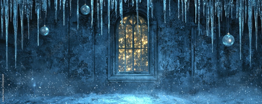 Fototapeta premium Enchanting Winter Night Christmas Window Icicles Snow