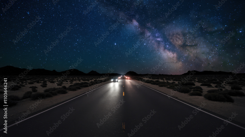 Fototapeta premium A stunning night scene featuring a clear road illuminated by headlights under a starry sky with the Milky Way visible in the background.
