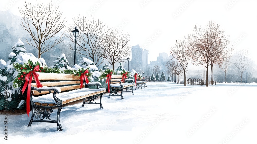 Christmas decorations in a park concept. A serene winter park scene featuring snow-covered benches adorned with red ribbons, surrounded by frosty trees and a soft, snowy landscape. Christmas decorations in a park concept. A serene winter park scene featuring snow-covered benches adorned with red ribbons, surrounded by frosty trees and a soft, snowy landscape.