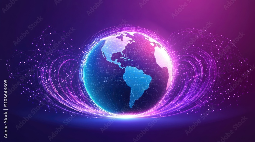 A floating digital globe surrounded by cascading light trails, symbolizing international connections; dynamic composition, neon purple and blue hues A floating digital globe surrounded by cascading light trails, symbolizing international connections; dynamic composition, neon purple and blue hues