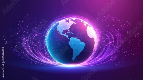 A floating digital globe surrounded by cascading light trails, symbolizing international connections; dynamic composition, neon purple and blue hues