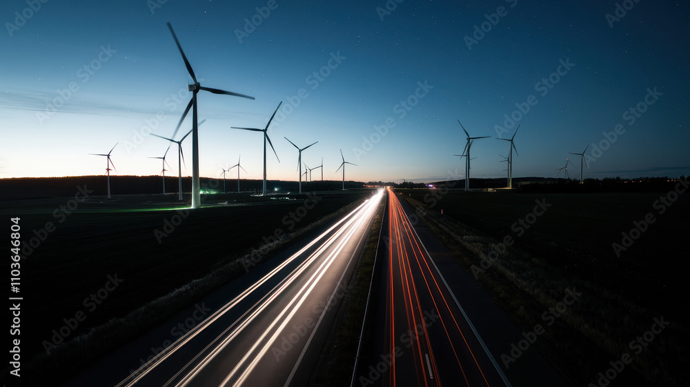A serene twilight scene of wind turbines along a highway, with light trails from passing vehicles creating a dynamic contrast against the calm blue sky. A serene twilight scene of wind turbines along a highway, with light trails from passing vehicles creating a dynamic contrast against the calm blue sky.