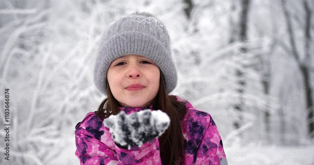 Child plays in snowy winter landscape, enjoying the beauty of falling snowflakes and winter fun Child plays in snowy winter landscape, enjoying the beauty of falling snowflakes and winter fun