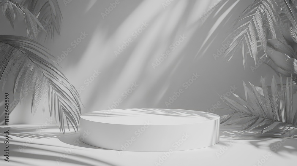 Minimalist white podium surrounded by tropical leaves, casting soft shadows on a light grey background, perfect for product presentations and advertising displays.
