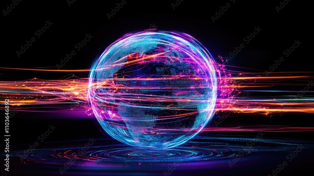 Obraz premium A floating digital globe surrounded by cascading light trails, symbolizing international connections; dynamic composition, neon purple and blue hues