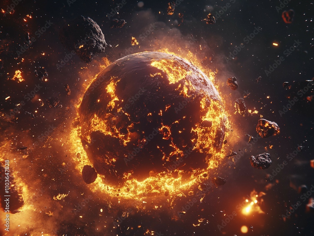 A dramatic and highly detailed depiction of planet Earth exploding in flames, set against the vast darkness of space A dramatic and highly detailed depiction of planet Earth exploding in flames, set against the vast darkness of space