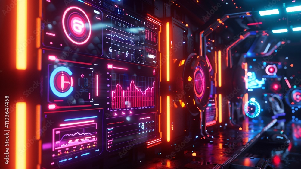 Futuristic digital dashboard with vibrant neon lights holographic data visualization and abstract interface elements Concept of advanced technology analytics and information display in a sci fi Futuristic digital dashboard with vibrant neon lights holographic data visualization and abstract interface elements Concept of advanced technology analytics and information display in a sci fi