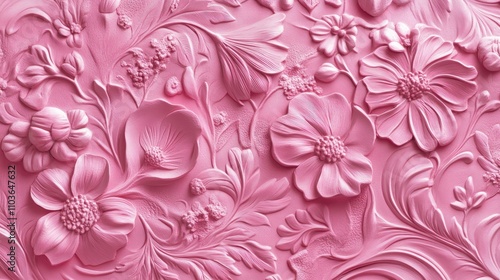 Elegant Pink Floral Relief Design Featuring Intricate Embossed Flowers and Delicate Leaf Patterns in a Soft Textured Surface