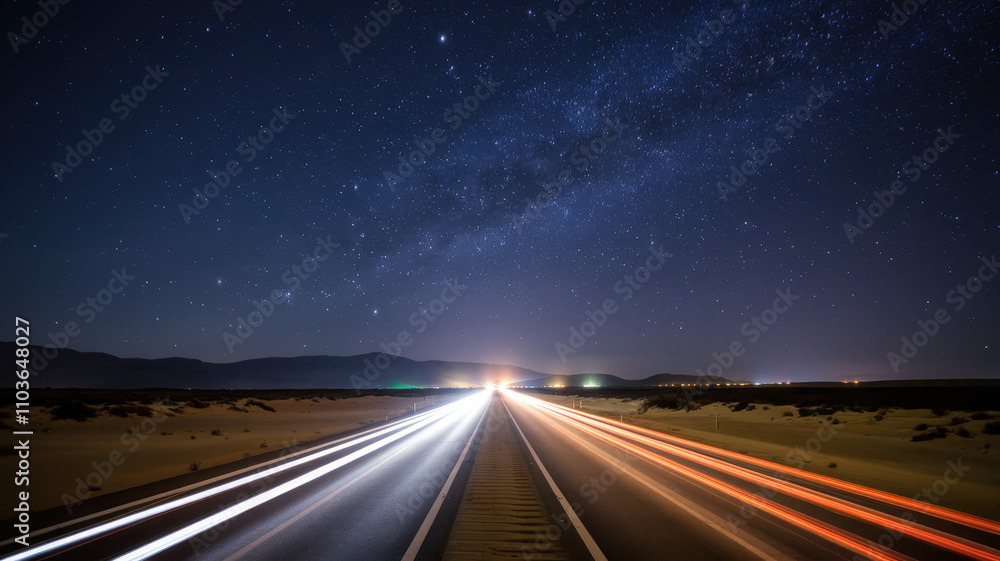 A breathtaking night scene showcasing a long road under a star-filled sky, with light trails from passing vehicles illuminating the dark landscape. A breathtaking night scene showcasing a long road under a star-filled sky, with light trails from passing vehicles illuminating the dark landscape.