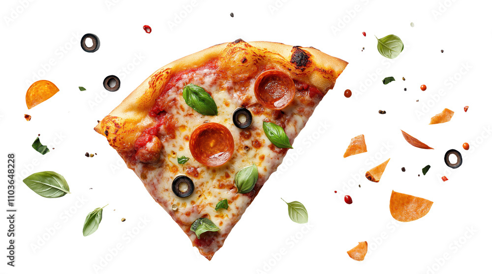 Slice of pepperoni pizza with basil leaves and scattered toppings Slice of pepperoni pizza with basil leaves and scattered toppings