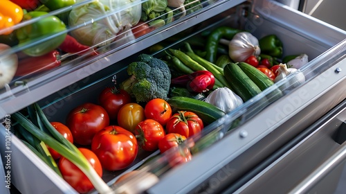 A fresh assortment of vegetables neatly arranged in a refrigerator drawer.