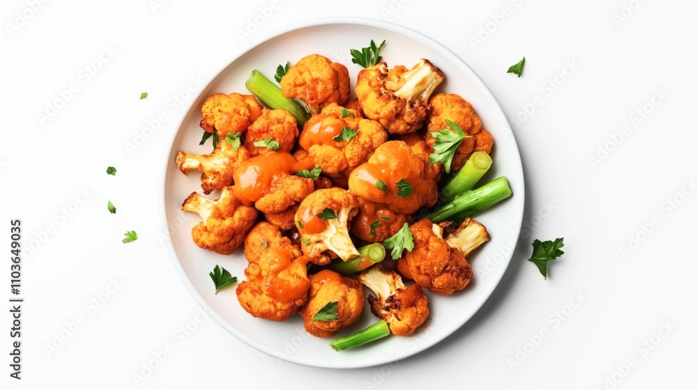 Plate of roasted buffalo cauliflower with fresh green herbs and celery stalks on a white background Plate of roasted buffalo cauliflower with fresh green herbs and celery stalks on a white background