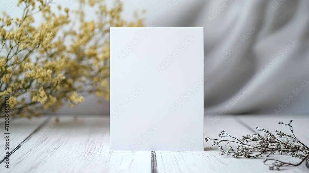 White greeting card mockup standing upright on a white wooden desk White greeting card mockup standing upright on a white wooden desk