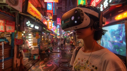 A person wearing a VR headset in a vibrant, neon-lit urban setting.