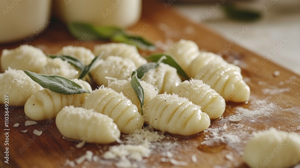 A close-up of homemade gnocchi drizzled with sage butter, sprinkled with parmesan cheese, on a wooden cutting board, showcasing Italian comfort food A close-up of homemade gnocchi drizzled with sage butter, sprinkled with parmesan cheese, on a wooden cutting board, showcasing Italian comfort food