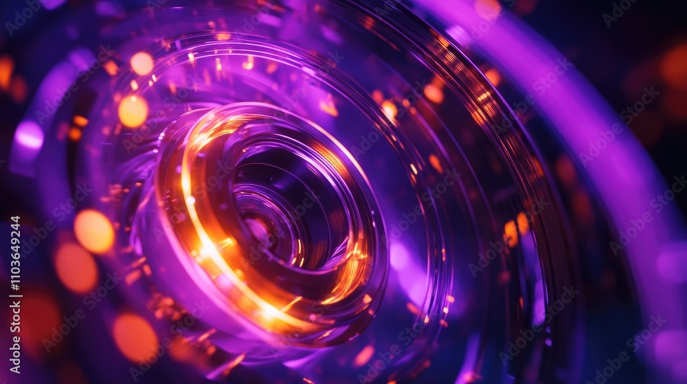Close-up view of a spiral film reel illuminated by dynamic purple and orange lights, showcasing vibrant reflections and intricate textures. Close-up view of a spiral film reel illuminated by dynamic purple and orange lights, showcasing vibrant reflections and intricate textures.