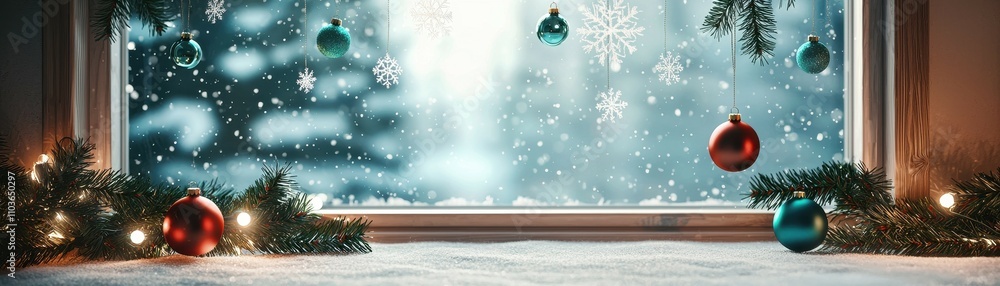 Festive Christmas Window Scene Snow Ornaments Tree Branches Festive Christmas Window Scene Snow Ornaments Tree Branches