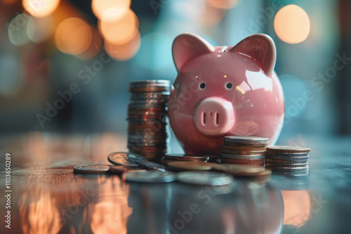 A pink piggy bank on the table with coins stacked next to it, symbolizing financial growth and precision of money management, set against a blurred background. photo