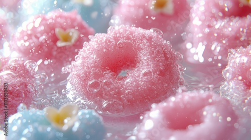 Colorful, bubbly donuts in pink and blue, surrounded by water and flowers.