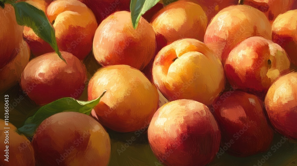 Close-up of freshly picked peaches with vibrant colors and lush green leaves, highlighting their juicy texture and natural beauty.