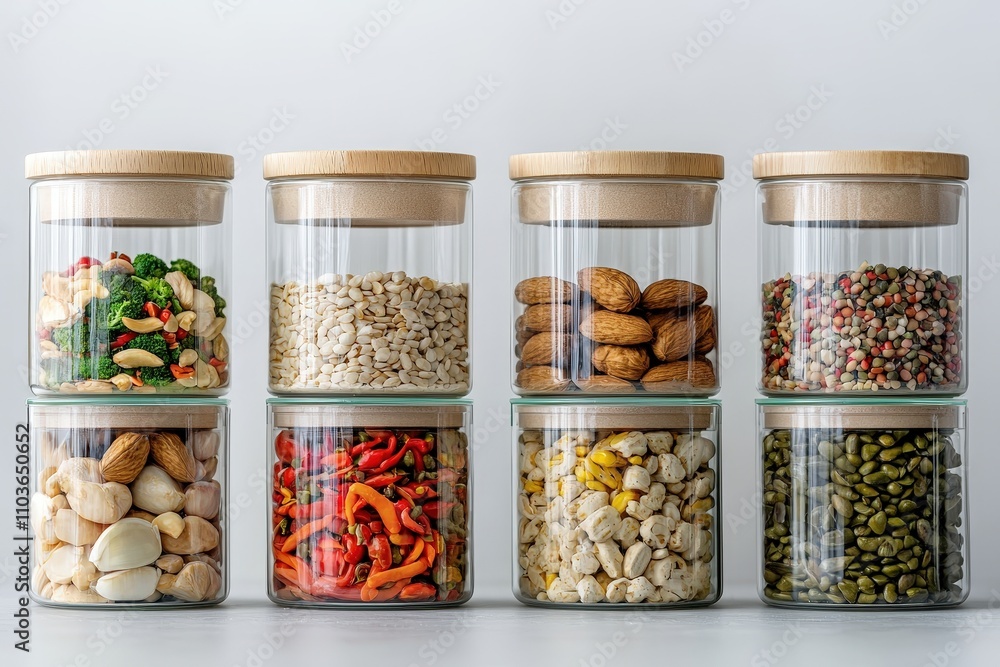 Stylish Glass Containers with Wooden Lids Holding a Variety of Nuts, Seeds, Dried Fruits, and Spices for Organization and Culinary Use in Modern Kitchens Stylish Glass Containers with Wooden Lids Holding a Variety of Nuts, Seeds, Dried Fruits, and Spices for Organization and Culinary Use in Modern Kitchens