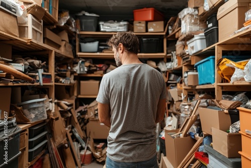 Man Standing in a Disorganized Storage Room Surrounded by Boxes and Clutter, Contemplating Organization and Cleanup of Messy Space