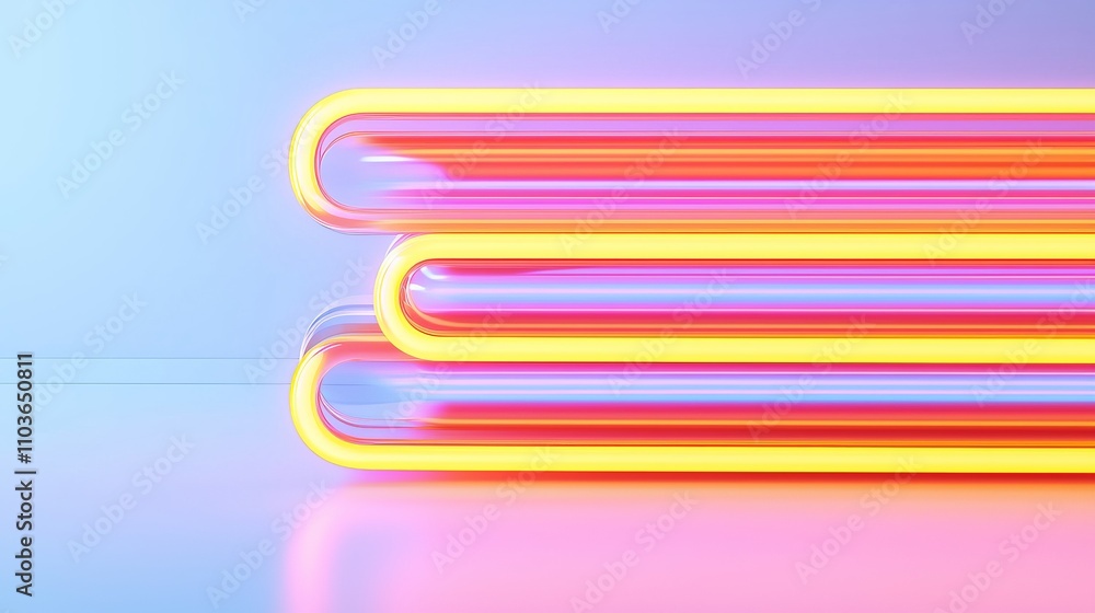 A vibrant arrangement of glowing neon tubes in pink and yellow hues, creating a striking visual against a soft blue background. 3D style. A vibrant arrangement of glowing neon tubes in pink and yellow hues, creating a striking visual against a soft blue background. 3D style.