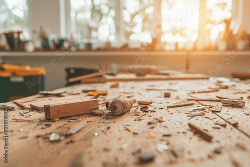 Close-up of a Woodworking Table Covered in Shavings and Tools, Warm Light Streaming Through Windows Creating a Cozy Atmosphere in a Craft Workshop