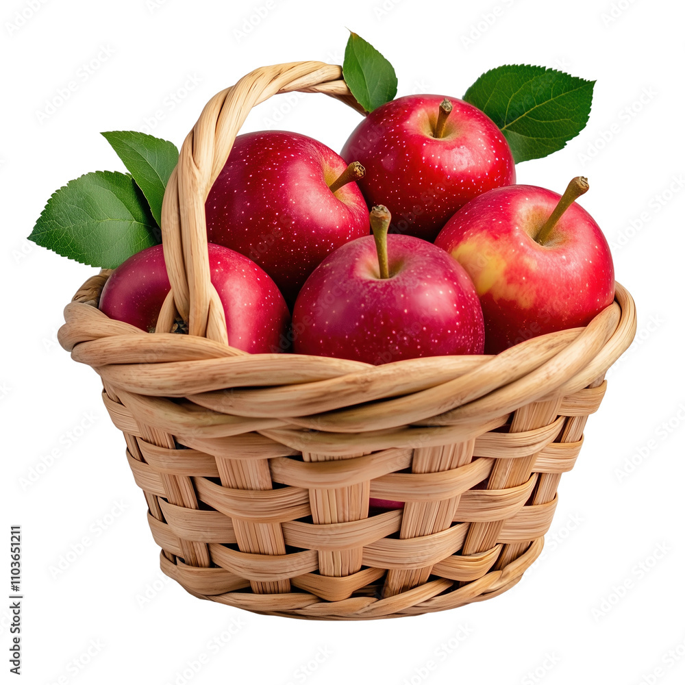 Fresh Red Apples in Woven Basket isolated on white or transparent background, png clipart, design element Fresh Red Apples in Woven Basket isolated on white or transparent background, png clipart, design element