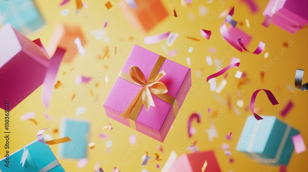 Vibrant floating gift boxes in pastel colors with ribbons against a bright yellow background, celebrating joy and festivity with confetti. Vibrant floating gift boxes in pastel colors with ribbons against a bright yellow background, celebrating joy and festivity with confetti.